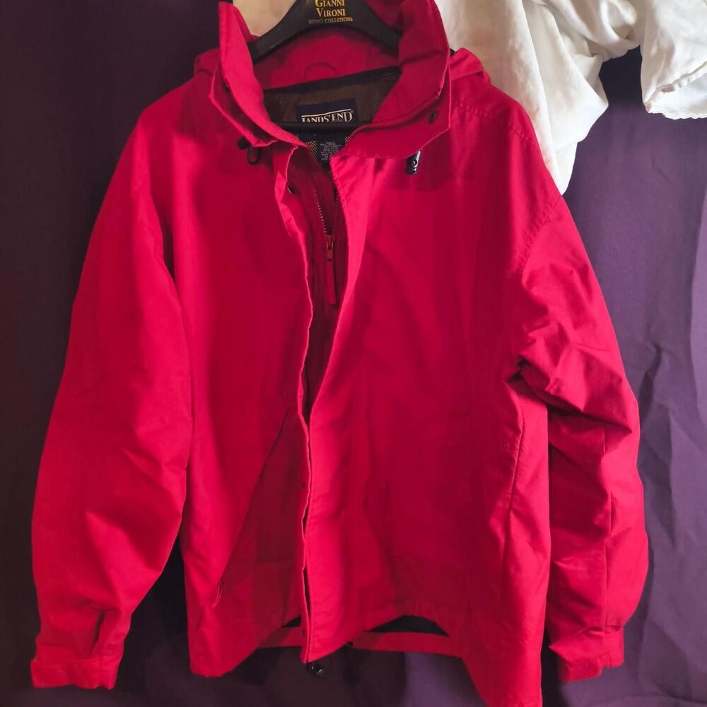 Vintage Lands End Mens Large Red Hooded Rain Jacket Windbreaker Sailing Coat L